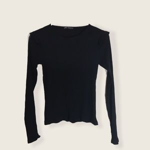 ZARA | Black Knit Shoulder Ruffle Long-Sleeve Top